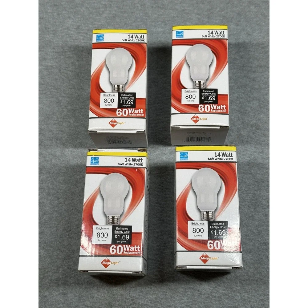 60 Watt A19 LOT OF 4 Energy Star Light Bulb Soft White 2700K 800 Lumen Long Life